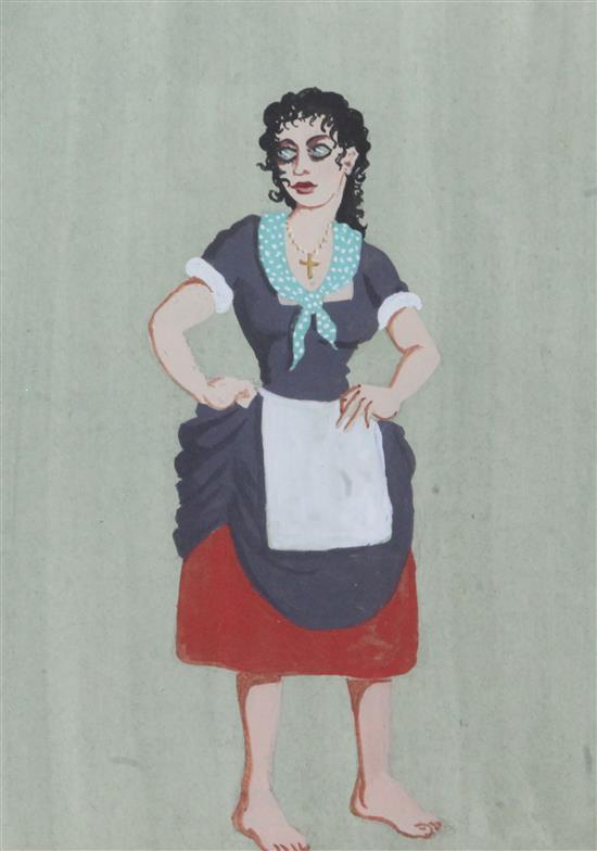 Attributed to Osbert Lancaster (1908-1986), pair gouache drawings, An Officer and A Pheasant Girl, 10 x 7.5in, maple framed